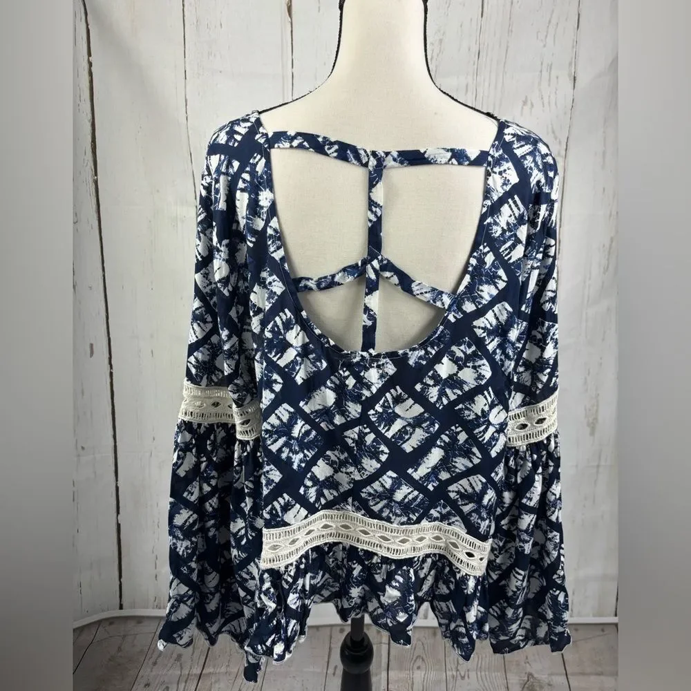 Chelsea & Theodore Navy Boho Top Ruffled Hem Flared Bell Sleeve Crochet Trim